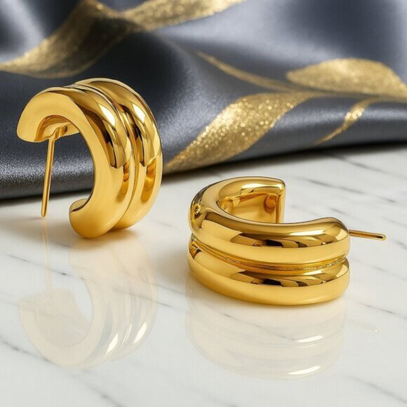 🆕Chunky Dome C-Hoop Earrings 18K Gold Plated Stainless Steel Modern Trendy - Picture 5 of 11